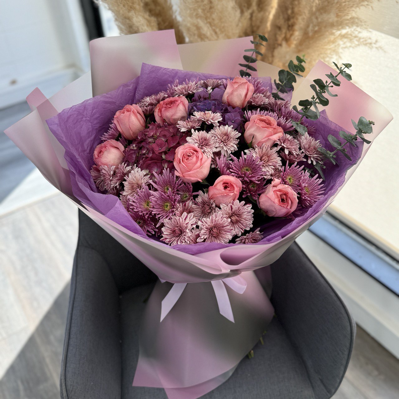 Purple Love Bouquet - Hydrangea, roses, eucalyptus