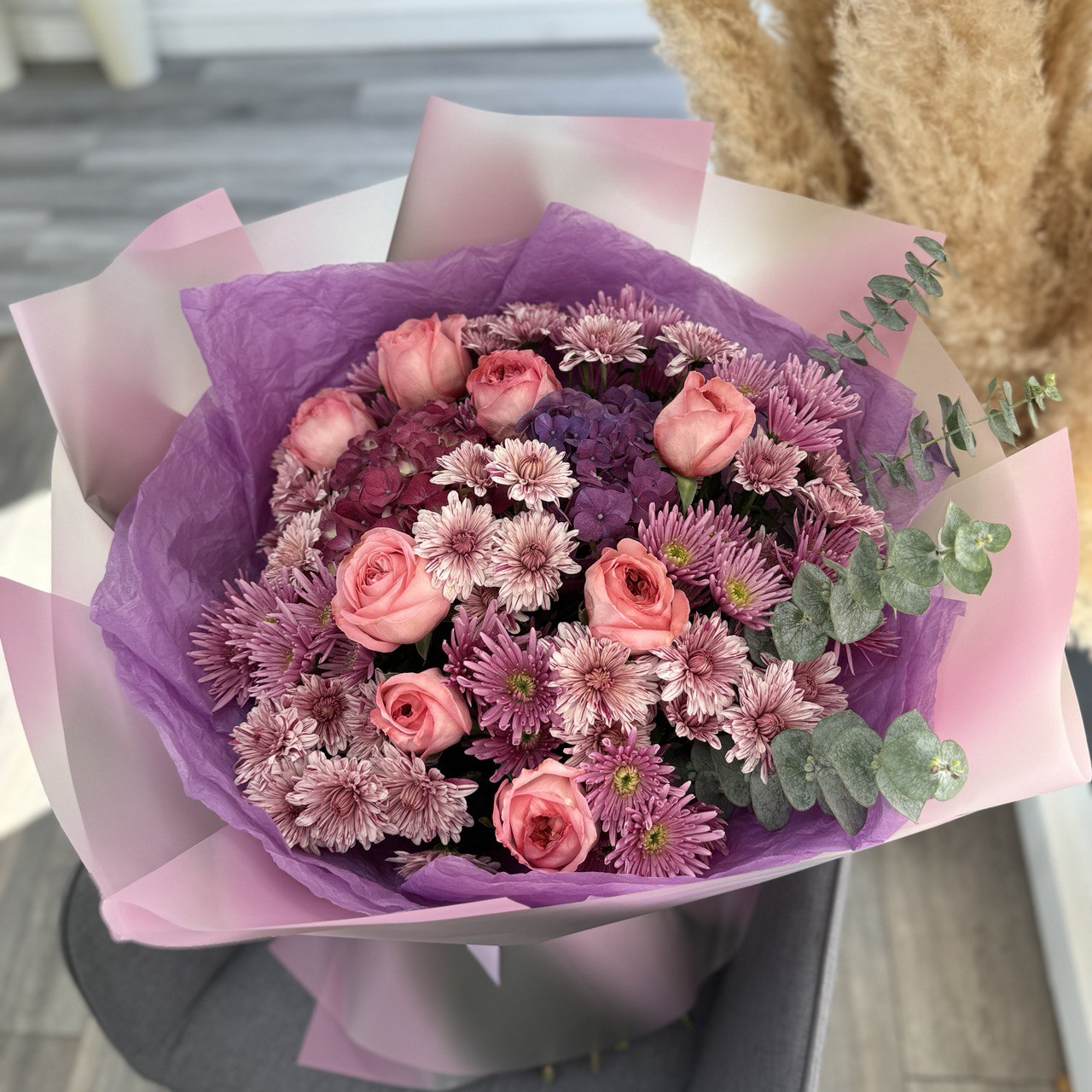 Purple Love Bouquet - Hydrangea, roses, eucalyptus