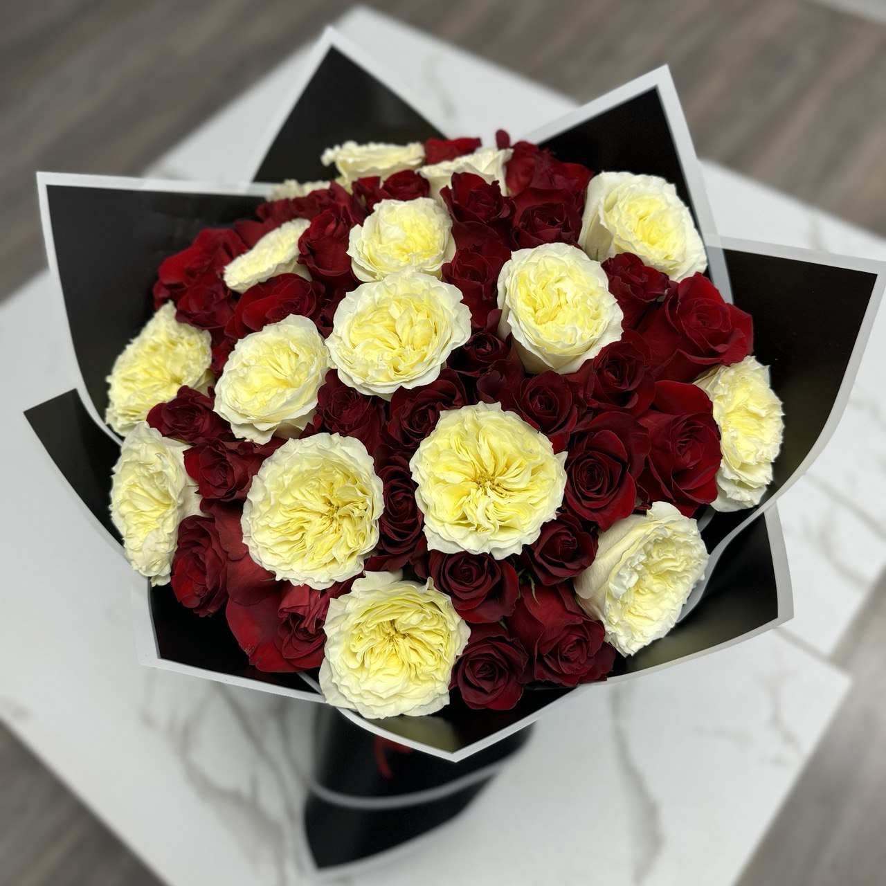 50 Roses Bouquet Red and White