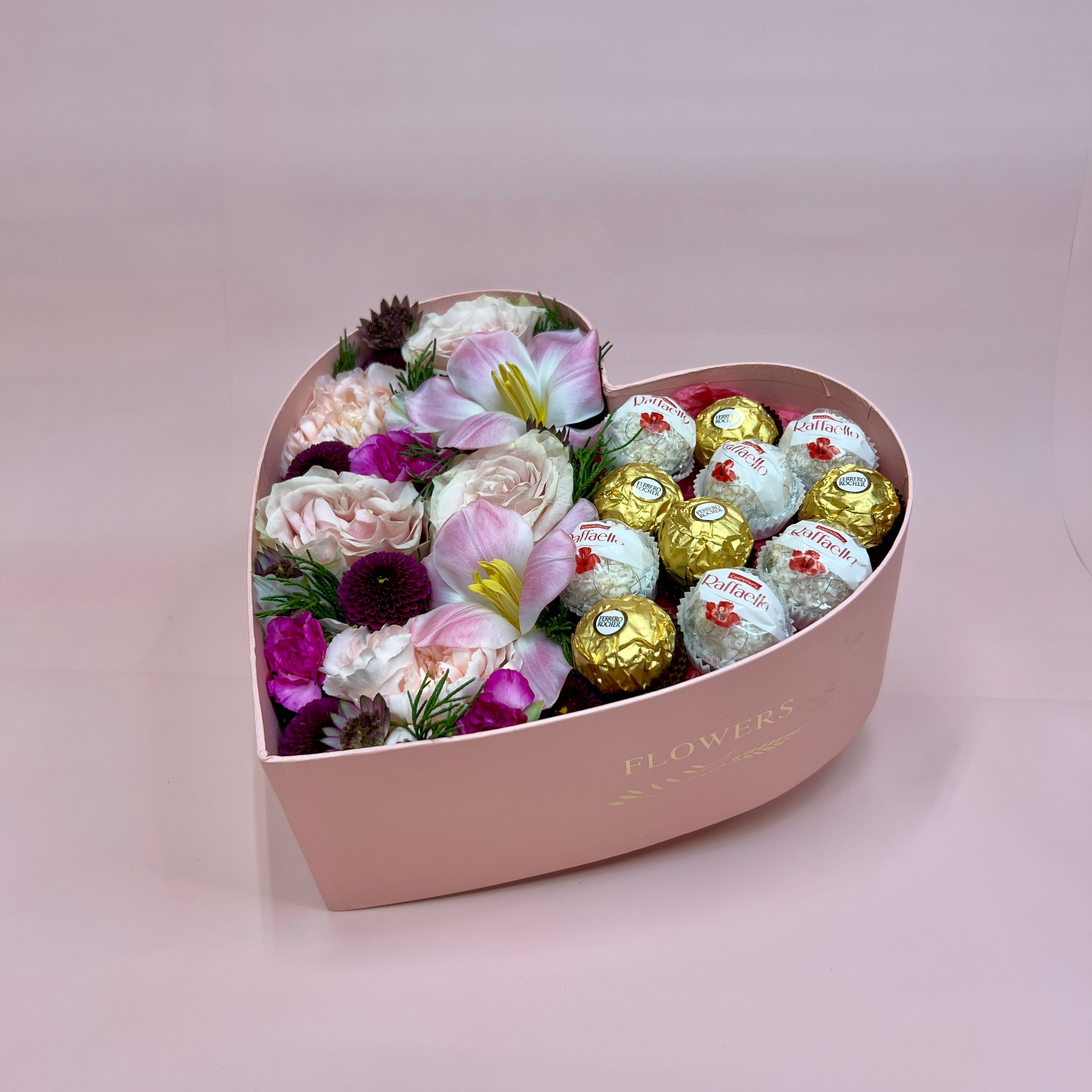 Heart Gift Box With Flowers and Chocolate