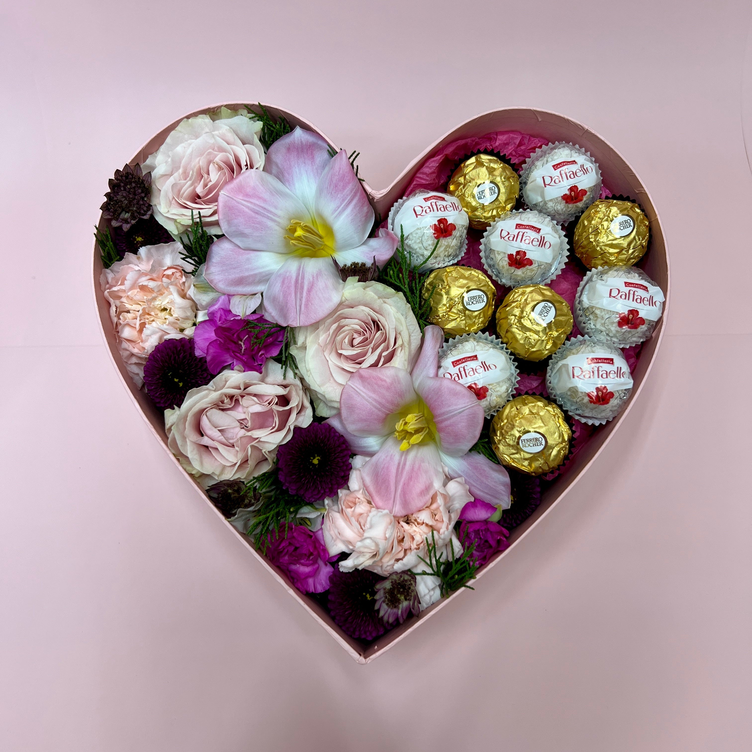 Heart Gift Box With Flowers and Chocolate