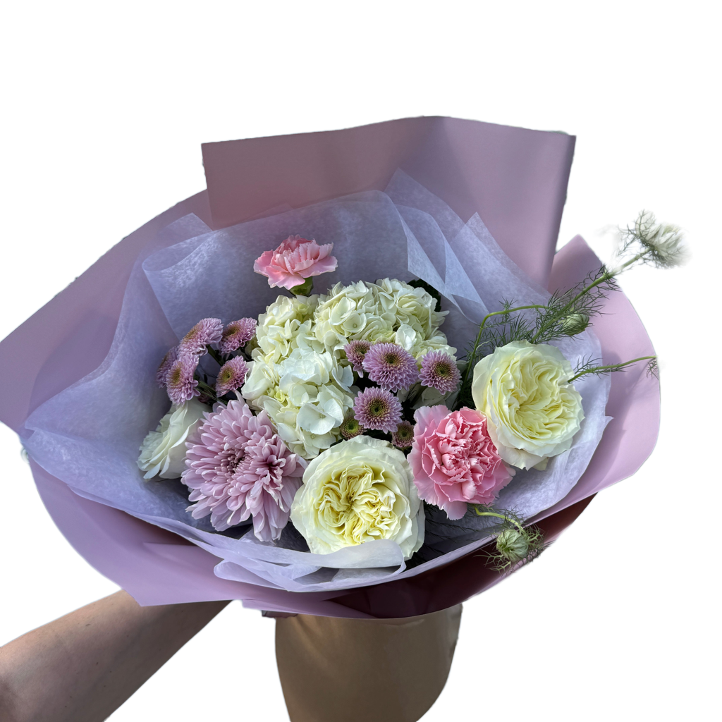 Botanical Beauty Bouquet: roses, chrysanthemums, hydrangeas, greens.